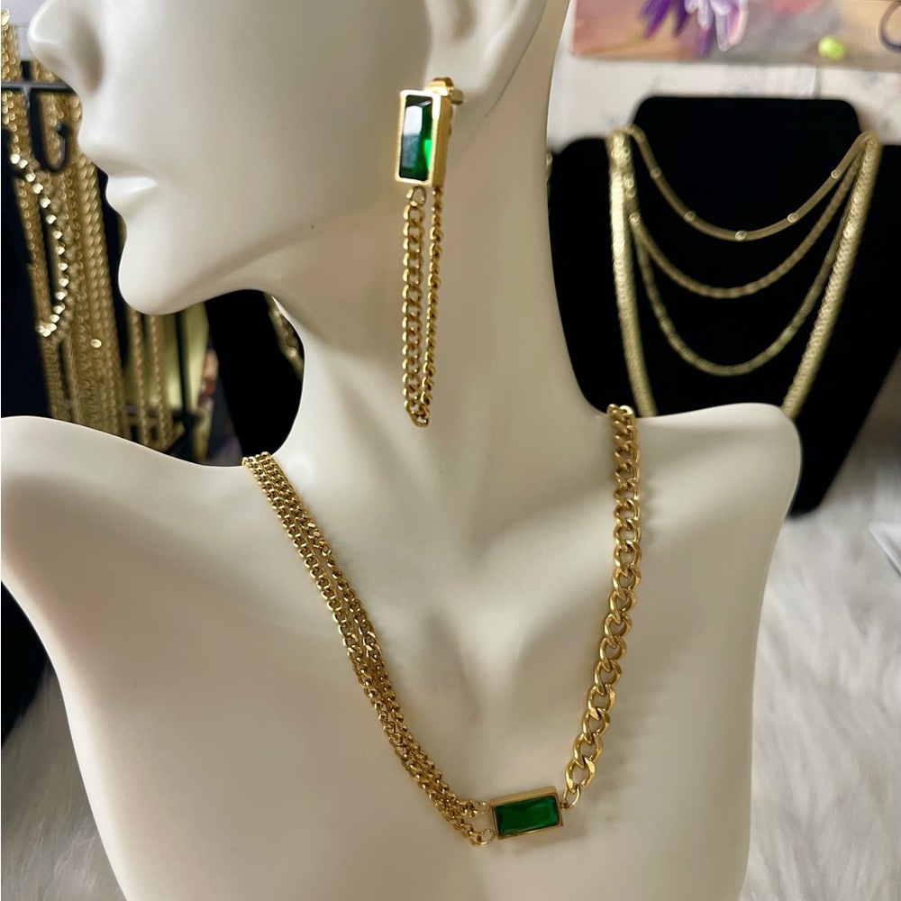 Gold and Green Chain Earrings
